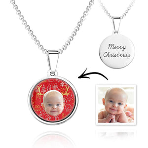 Custom Engravable Photo Pendant Antlers Round Sliver necklace Christmas Gift
