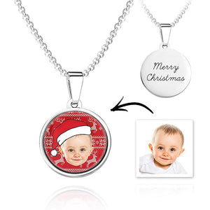 Custom Christmas Photo Rope Chain Frame Circle Pendant Sterling Silver Necklace Christmas Gifts