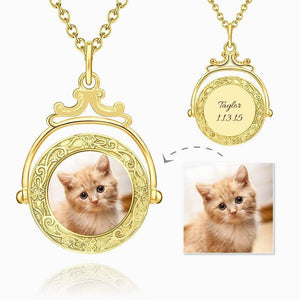 Vintage Embossed Mirror Custom Photo Necklace 14k Gold Plated