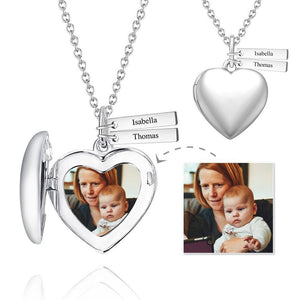 Personalized Heart Photo Locket Necklace With Engraving Name Platinum Plated For Mom