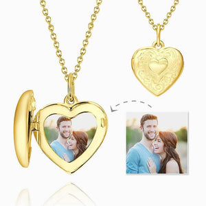 Embossed Printing Heart Photo Locket Necklace With Engraving 14k Gold Plated