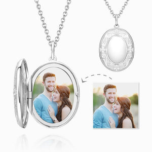 Photo In Necklace Custom Locket Pendant Embossed Oval  With Engraving Platinum Plated Anniversary Gift