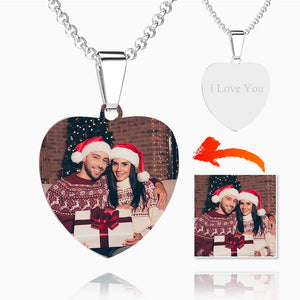 Stainless Steel Photo Heart Tag Necklace Engraved Pendant