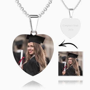 Graduation Gifts Stainless Steel Photo Heart Tag Necklace Engraved Pendant