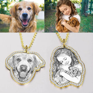 Sketch Photo Engraved Necklace with Rhinestone Crystale 14K Gold Plated