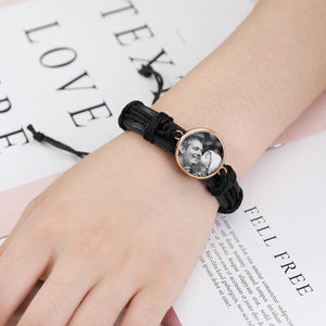 Photocopying Black Leather Round-shaped Photo Bracelet Rose Gold Plated