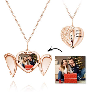 Custom Engraved Photo Necklace Valentine's Gift Heart-shaped Flip Angel Wings Gifts for Couples