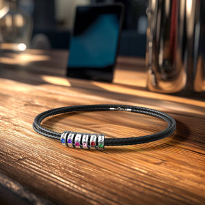 Custom Engraved Name Leather Bracelet With Birthstone Beads for Him