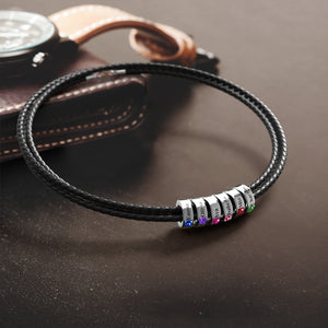 Custom Engraved Name Leather Bracelet With Birthstone Beads for Him