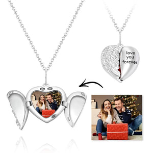 Custom Engraved Photo Necklace Valentine's Gift Heart-shaped Flip Angel Wings Gifts for Couples