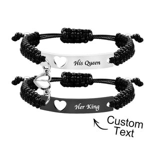 Personalized Stainless Steel Braided Rope Adjustable Hollow Heart Couples Matching Bracelets