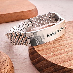Personalized Photo Wide Bracelet With Text Engraved Vintage Bracelet Gifts For Him