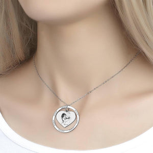 Photo Engraved Necklace Heart In Round Pendant, Family Necklace Platinum Plated - Silver