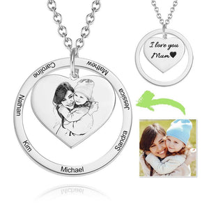 Photo Engraved Necklace Heart In Round Pendant, Family Necklace Platinum Plated - Silver