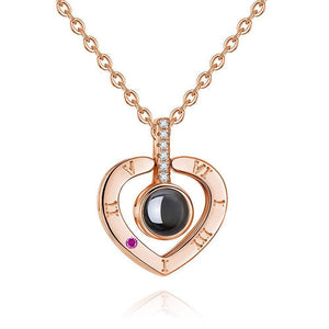 Personalized Photo With 100 Languages Says I Love You Projection Necklace Heart Rose Gold