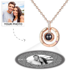 Personalized Projection Necklace Photo With 100 Languages Says I Love You Round Rose Gold