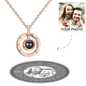 Personalized Projection Necklace Photo With 100 Languages Says I Love You Round Rose Gold