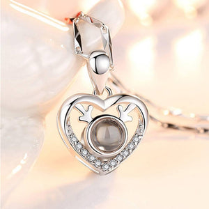 I Love You Necklace in 100 Languages Projection Photo Engraved Necklace Heart with Antlers Silver