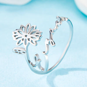 Custom Name Birth Month Flower Ring Dainty Floral Jewelry Birthday Gift July Water Lily