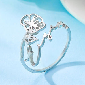Custom Name Birth Month Flower Ring Dainty Floral Jewelry Birthday Gift August Poppy