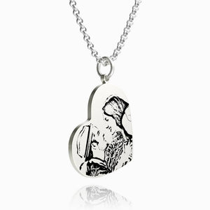Women's Vertical Heart Photo Engraved Tag Necklace Silver