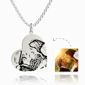 Women's Vertical Heart Photo Engraved Tag Necklace Silver