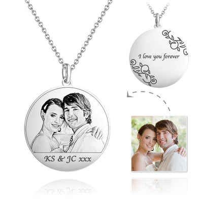 Personalized Round Photo Engraved Necklace Silver