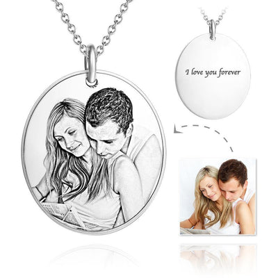 Personalized Oval Engraved Photo Necklace Silver Laser Engraved Photo Best Anniversary Gift
