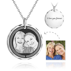 Personalized Round  Engraved Photo Necklace Silver Retro