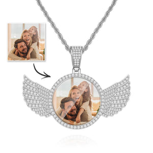 Custom Photo Necklace with Wing Medallions Pendant Jewelry Gift with Angel Wings Silver